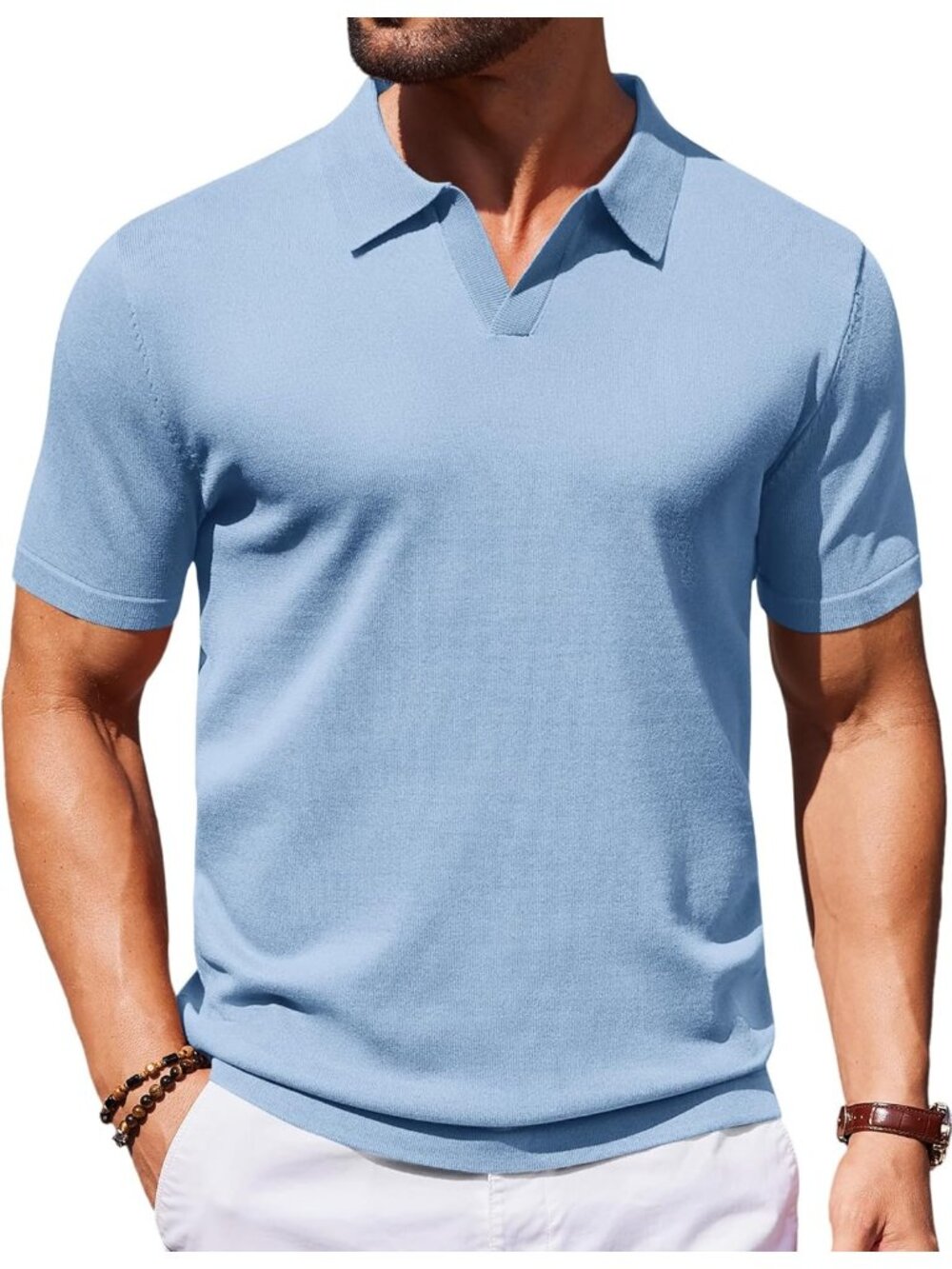 Men's Light Blue 100% Polyester V Neck Short Sleeve Stretch Knit Polo Shirt